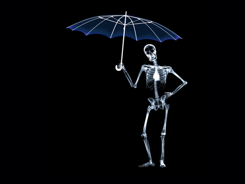 Skeleton Holding Umbrella — Black, Dramatic, Digital Art