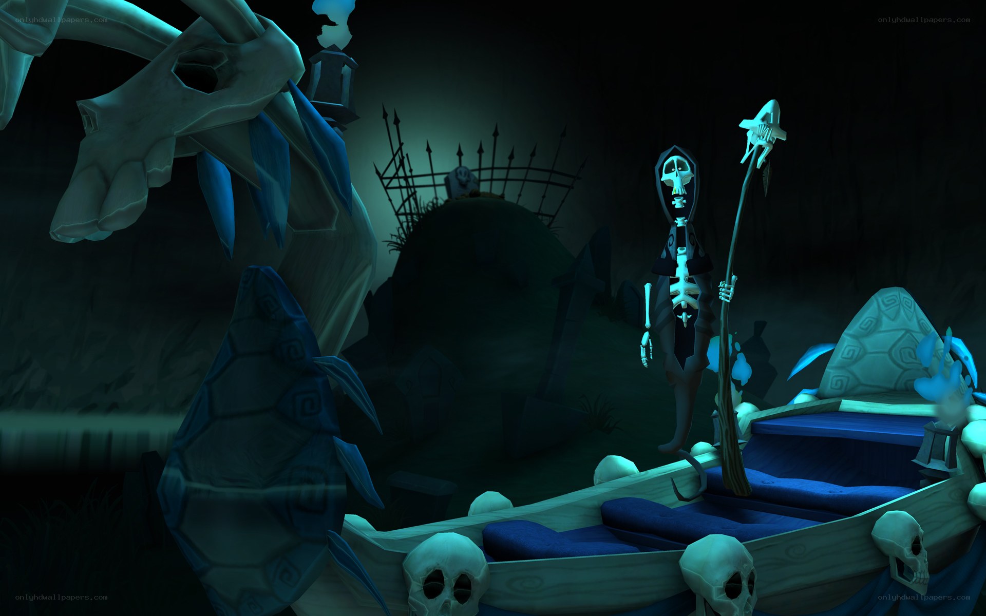 skeleton in a boat at night