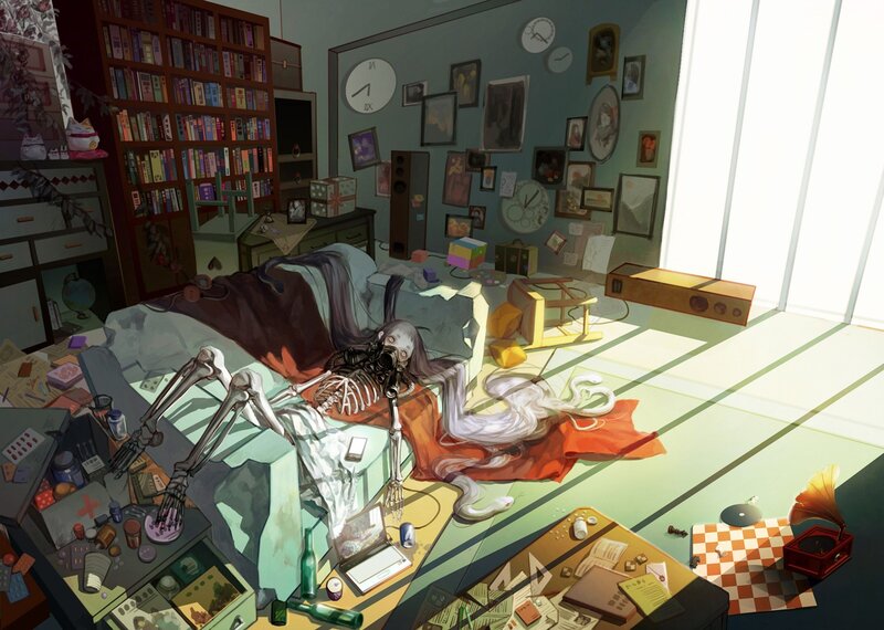 Skeleton in a cluttered room