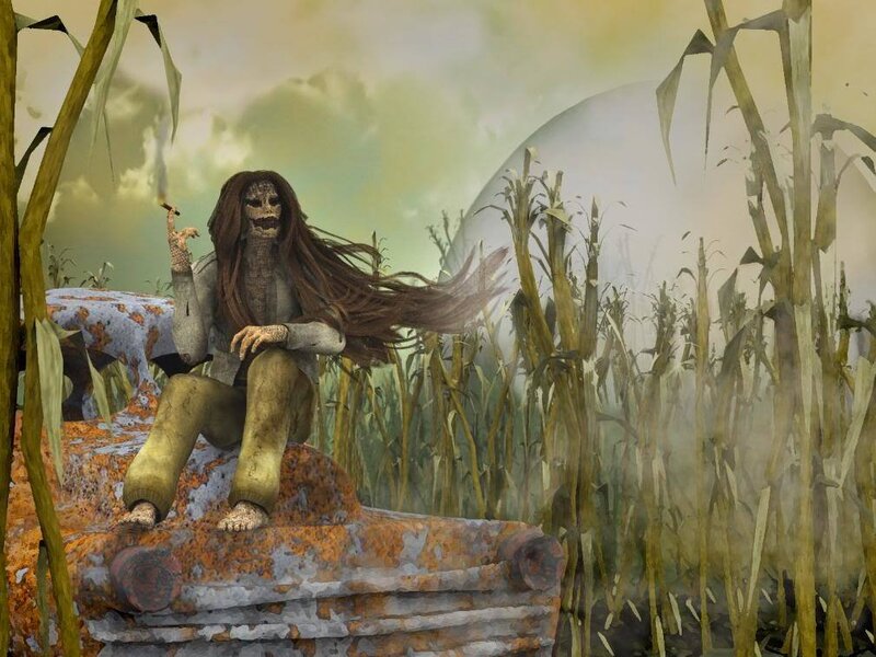 skeleton in a cornfield
