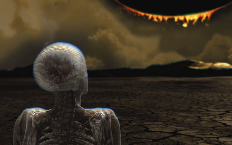 skeleton in a desolate landscape