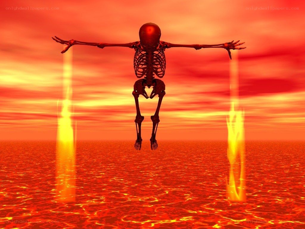 skeleton in a fiery landscape