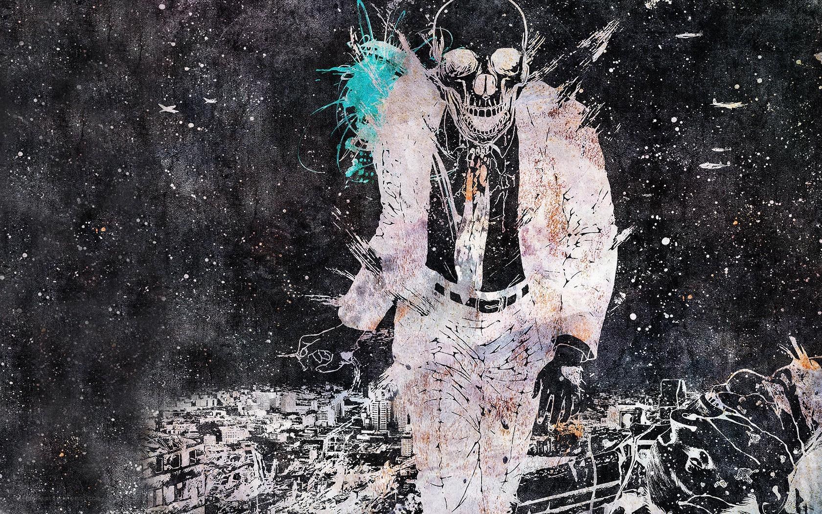 skeleton in a suit over city