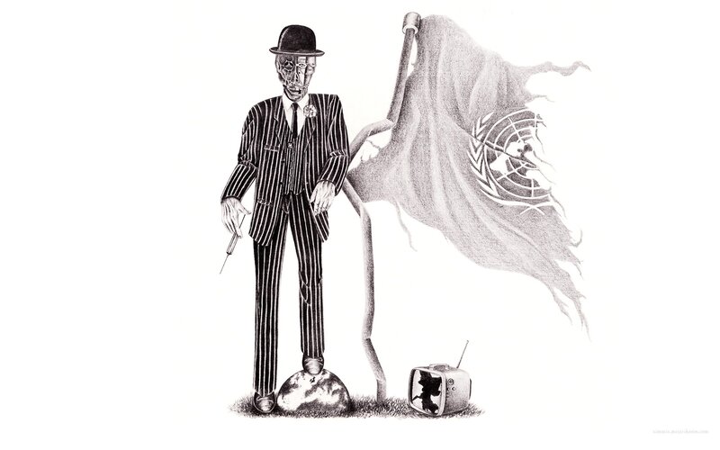 skeleton in a suit with flag