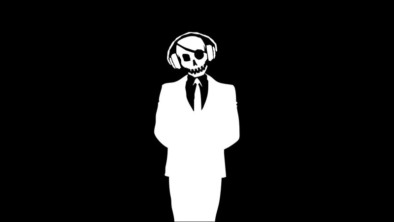 skeleton in a suit with headphones
