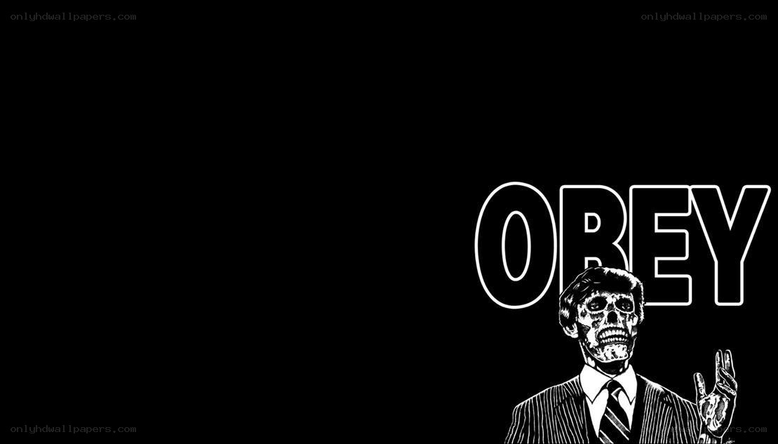 skeleton in a suit with obey text