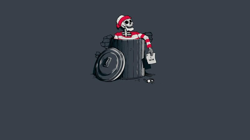 skeleton in a trash can