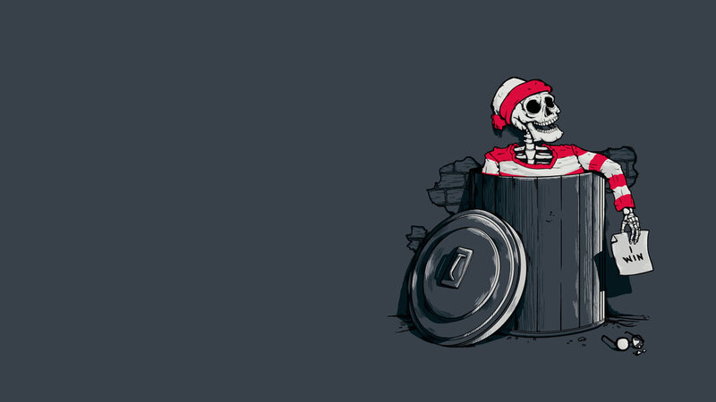 skeleton in a trash can