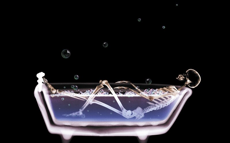 Skeleton in Bathtub — Black, Dramatic, Digital Art, Bubbles, Skull, White