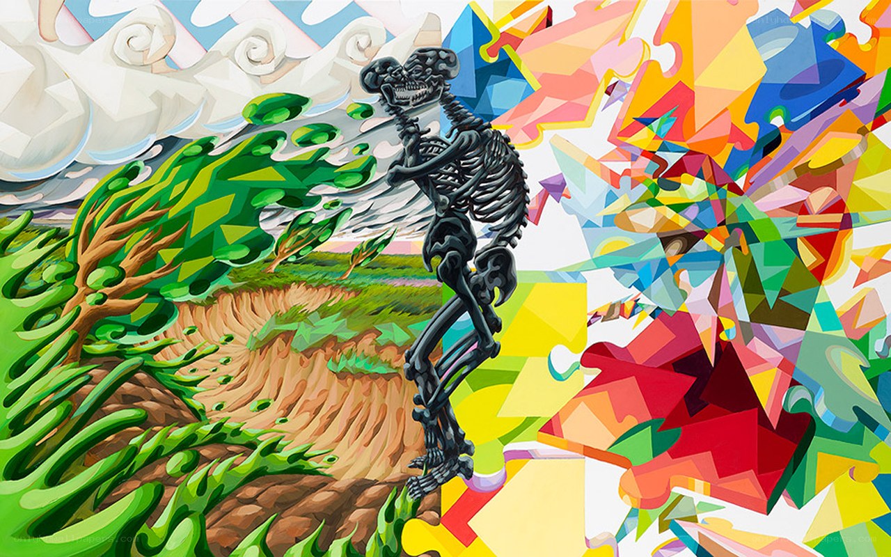 skeleton in colorful landscape