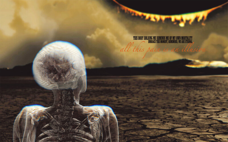 skeleton in desolate landscape