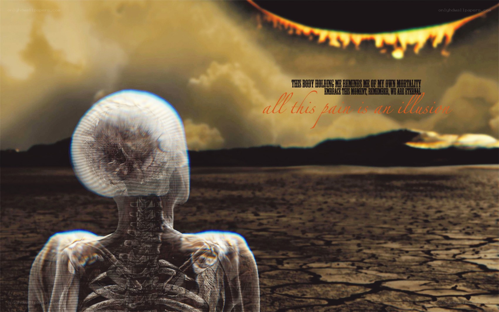 skeleton in desolate landscape