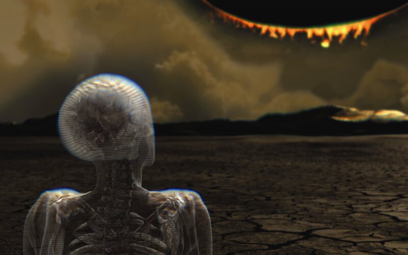 skeleton in desolate landscape
