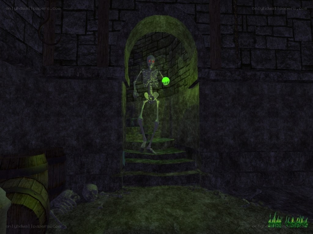 skeleton in dungeon corridor