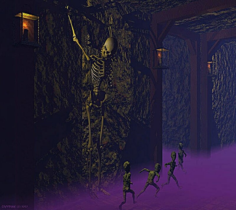 skeleton in dungeon with aliens