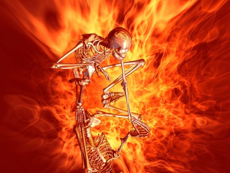 skeleton in flames