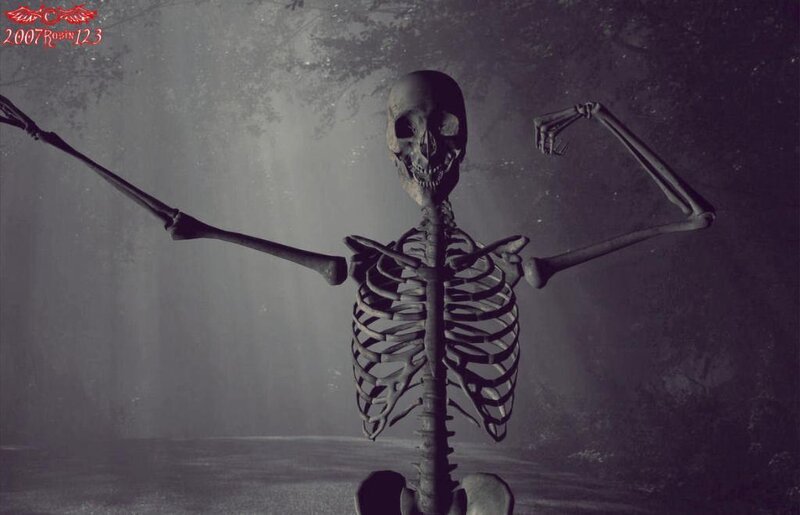 skeleton in foggy forest
