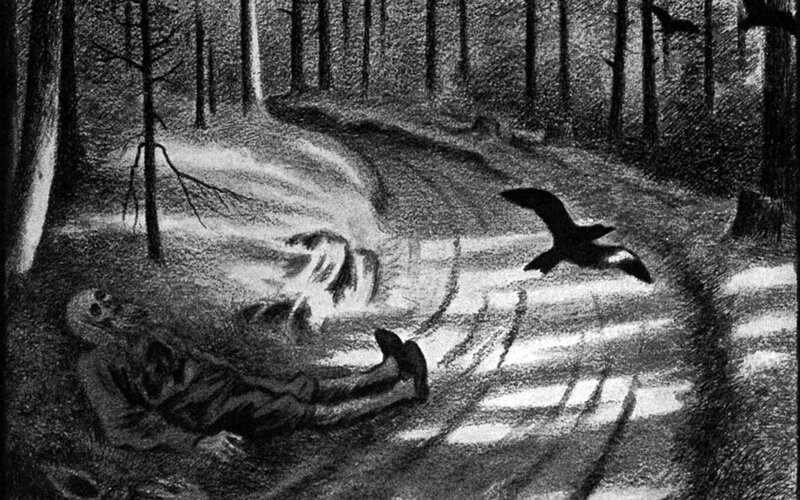 skeleton in forest with crow
