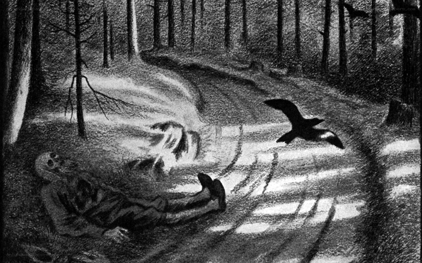 skeleton in forest with crow