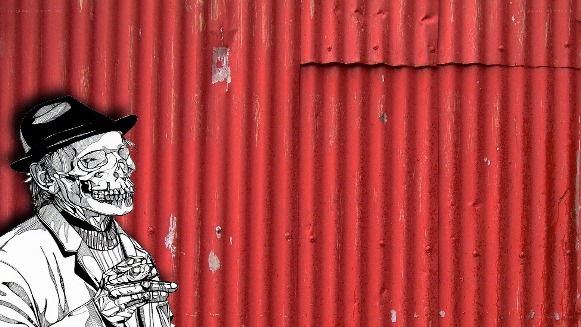 skeleton in hat on red wall