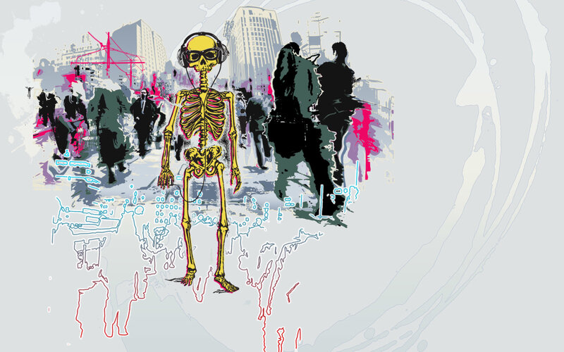 skeleton in headphones on city street