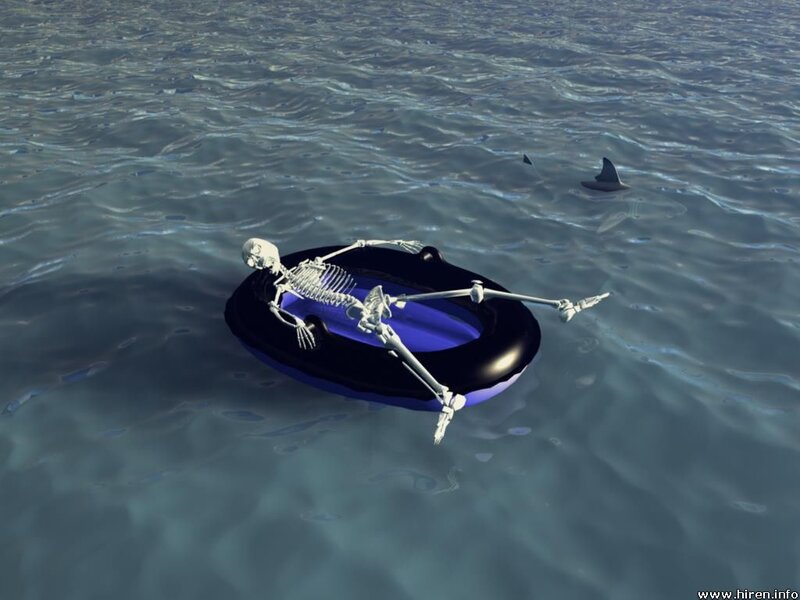 skeleton in inflatable raft