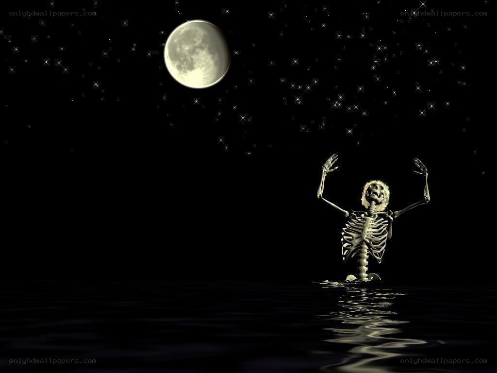 skeleton in moonlit water