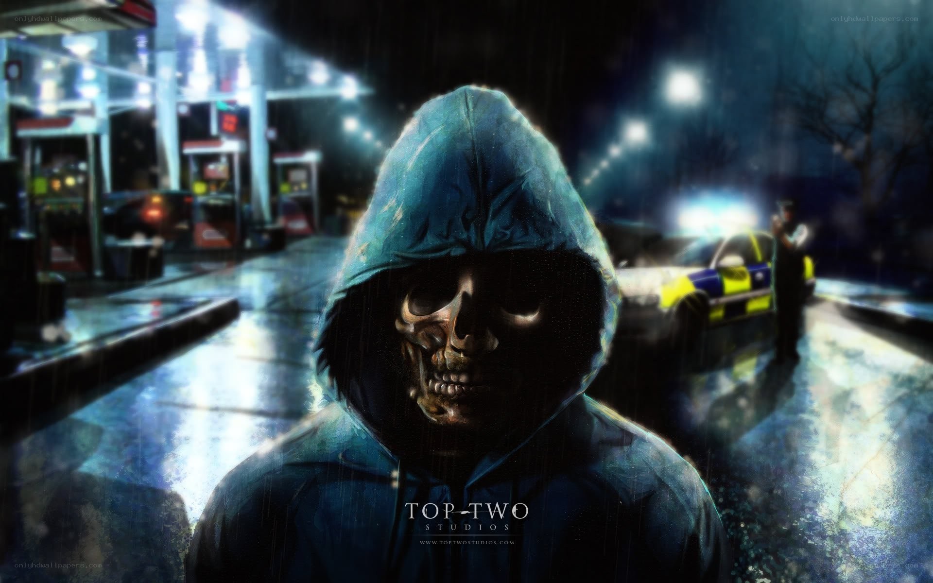 skeleton in rain at gas station