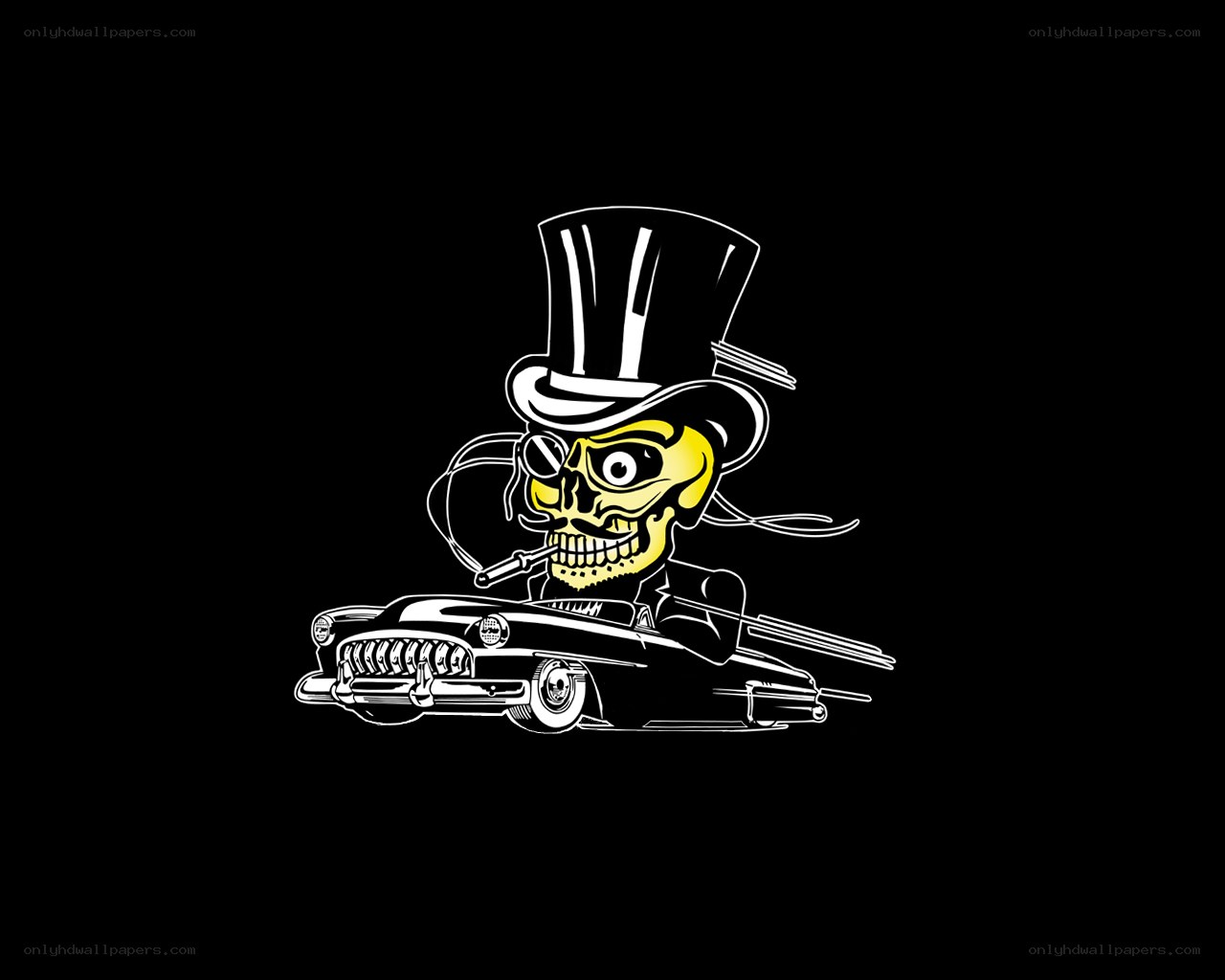 skeleton in top hat driving car