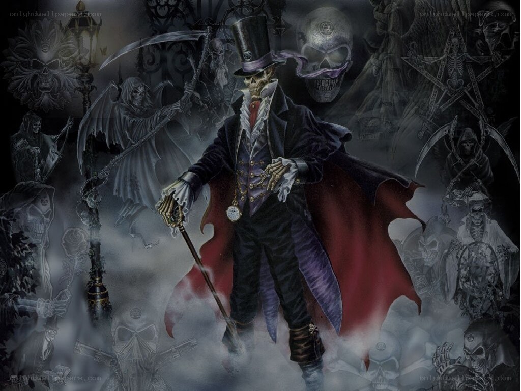 skeleton in top hat with scythe