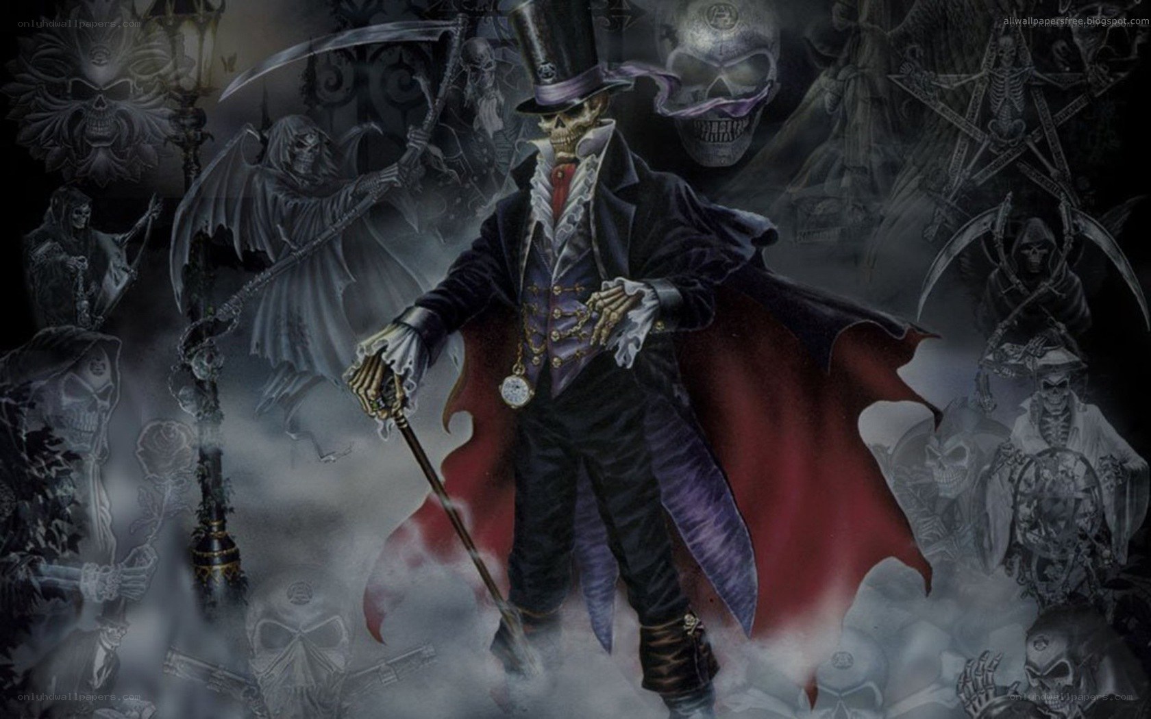 skeleton in top hat with scythe