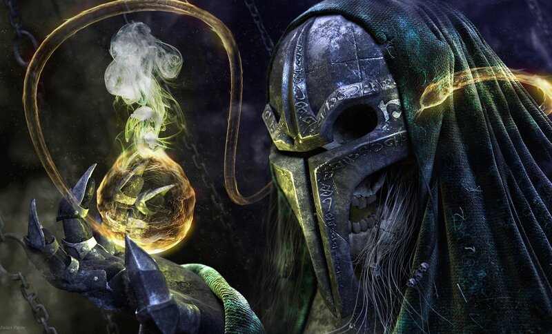 Skeleton Mage Holding Orb — Black, Dark, Night, Digital Art, Skull Helmet