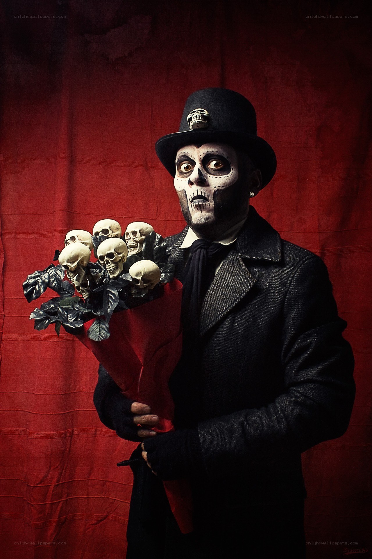 skeleton man with skull bouquet