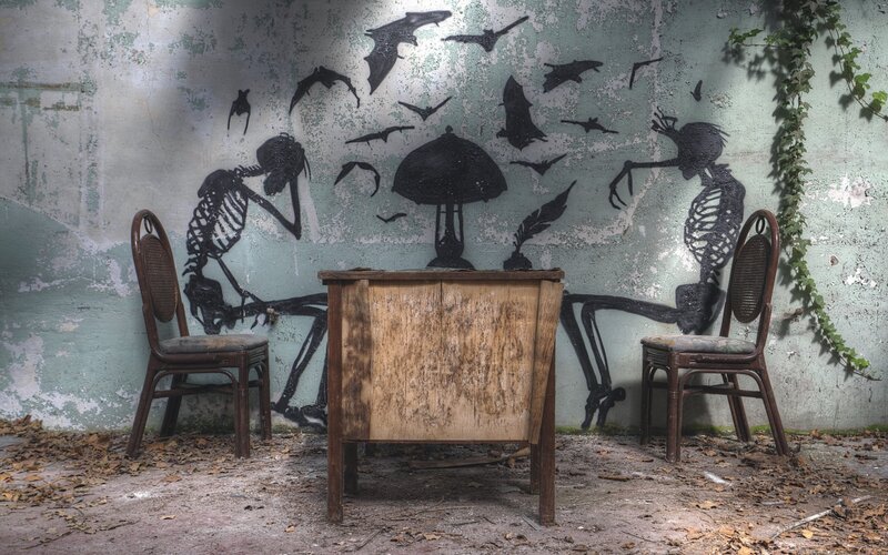 Skeleton Mural at Table