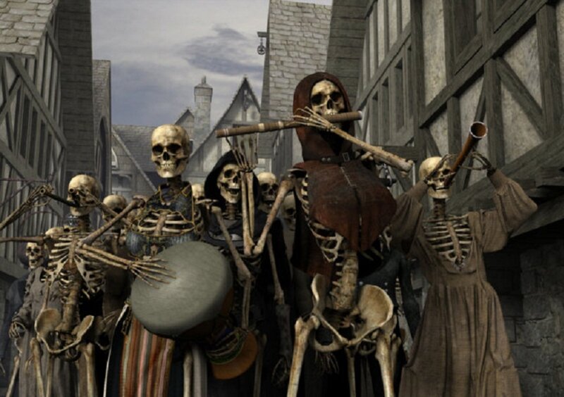 Skeleton Musicians in Street