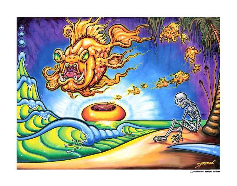 skeleton on a beach with sea monster
