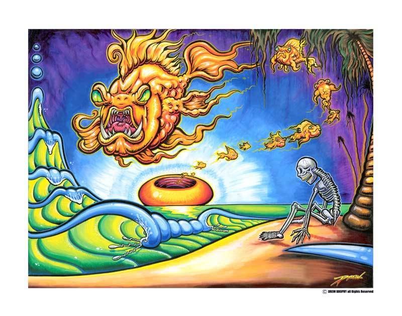 skeleton on a beach with sea monster