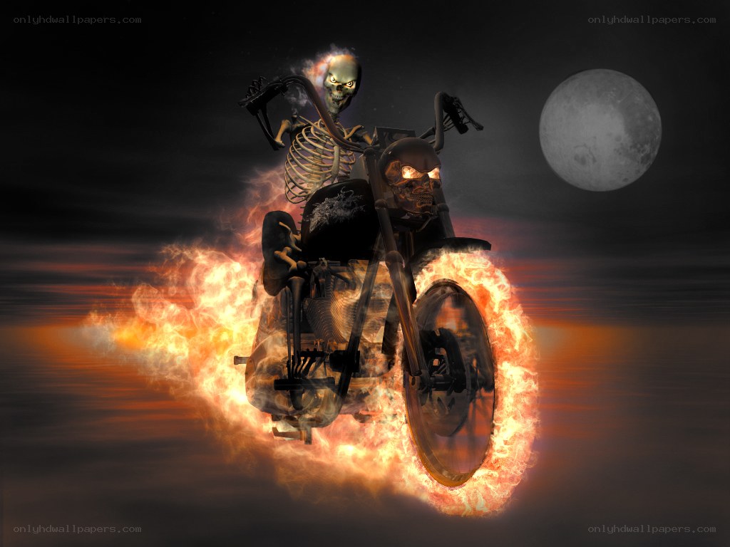 skeleton on a flaming motorcycle