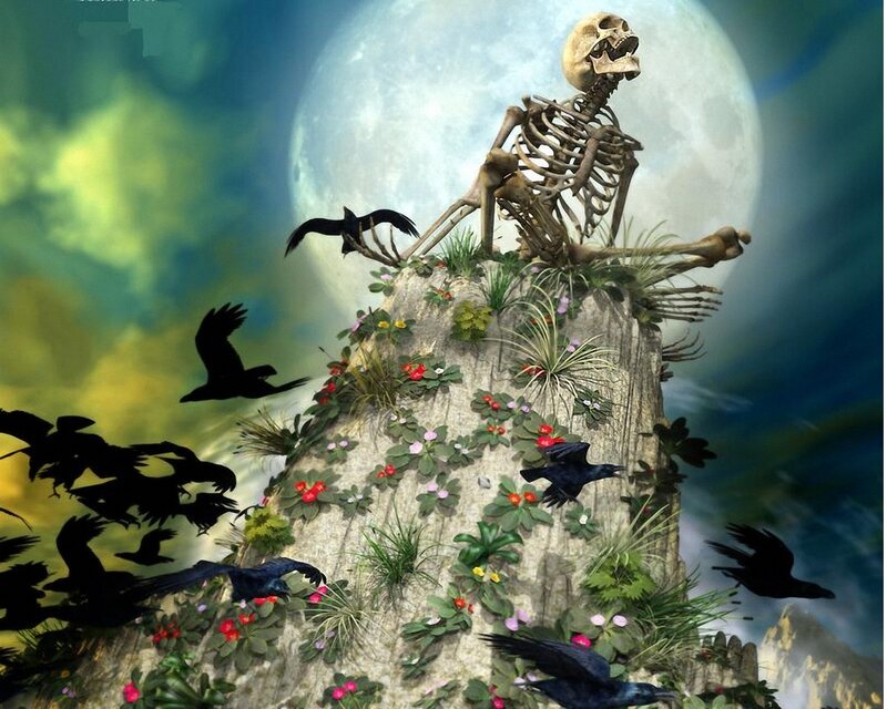 skeleton on a rocky outcrop