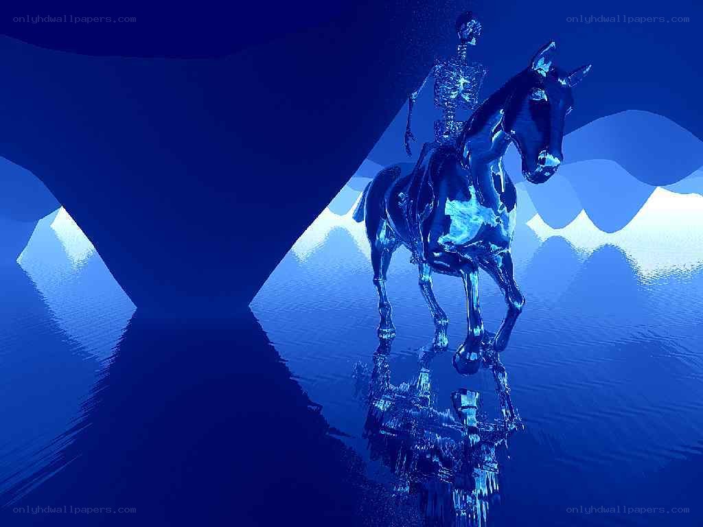 skeleton on horse in blue cave