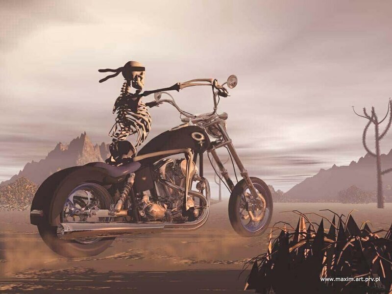 Skeleton on Motorcycle — Brown, Dramatic, Afternoon, 3d Render