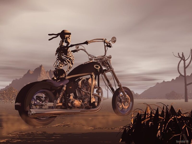 Skeleton on Motorcycle — Brown, Dramatic, Sunset, 3d Render, Desert
