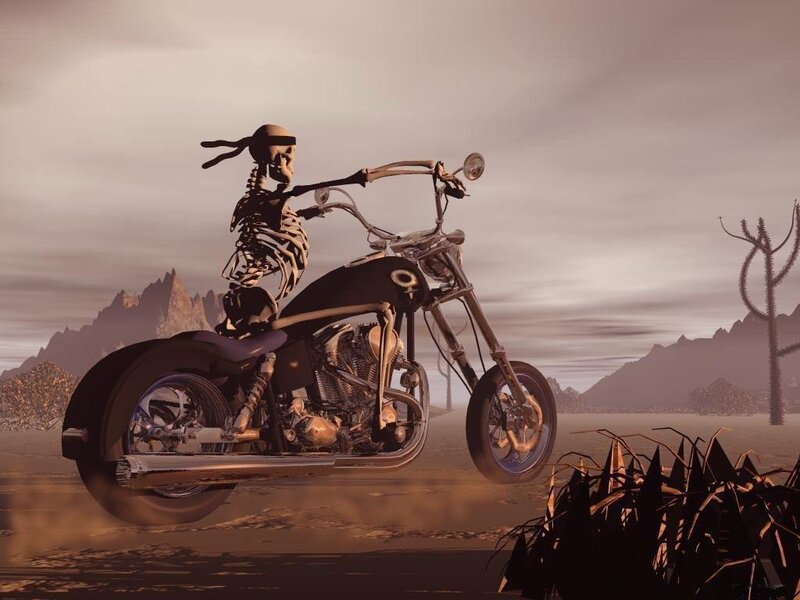 Skeleton on Motorcycle — Brown, Dramatic, Sunset, 3d Render
