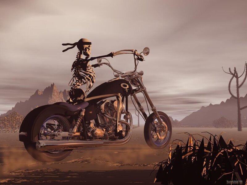 Skeleton on Motorcycle — Brown, Dramatic, Sunset