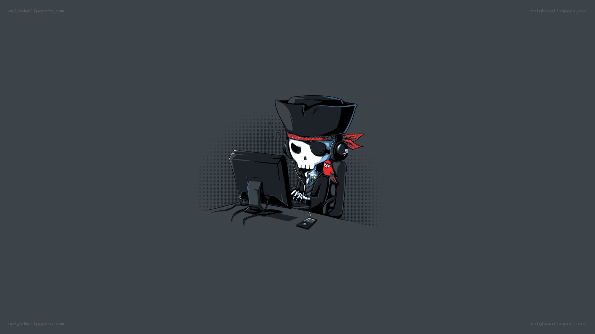 skeleton pirate at computer