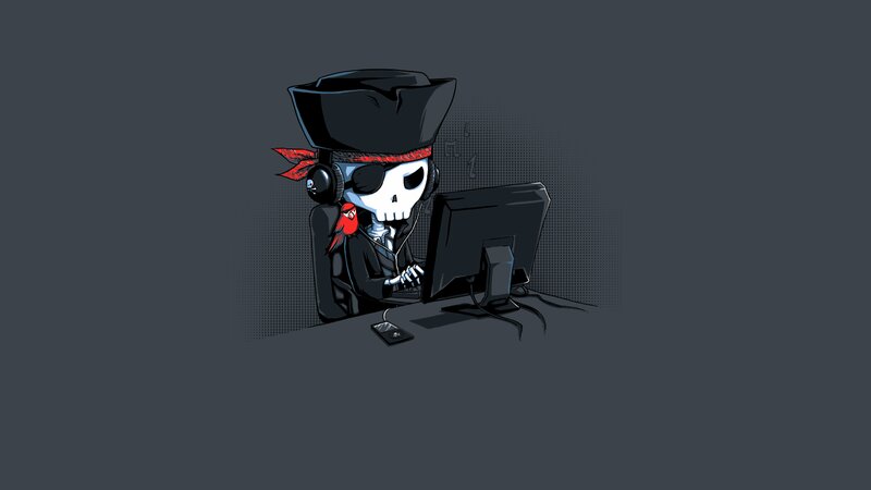 Skeleton Pirate at Computer — Gray, Dark, Digital Art