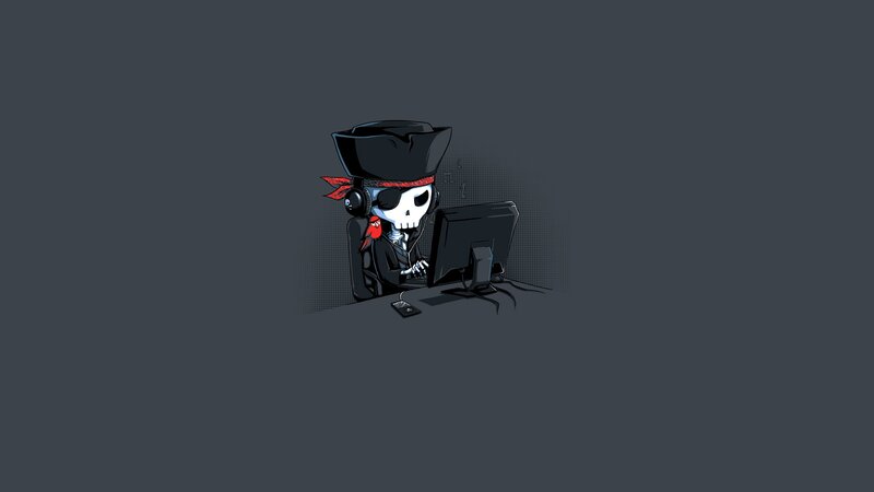 Skeleton Pirate at Computer — Gray, Humorous, Digital Art