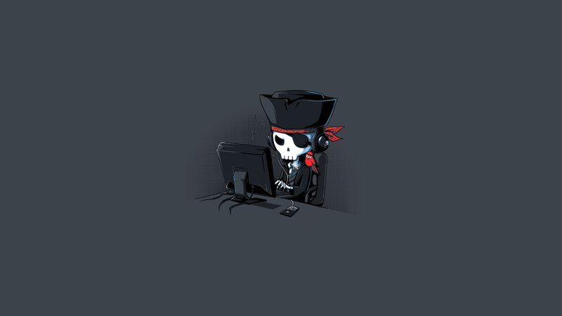 Skeleton Pirate at Computer — Gray, Humorous