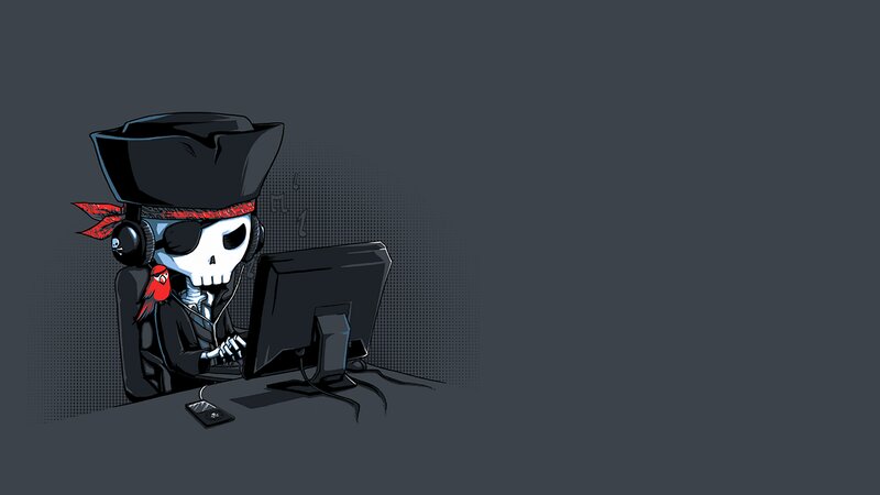Skeleton Pirate at Computer — Gray, Playful