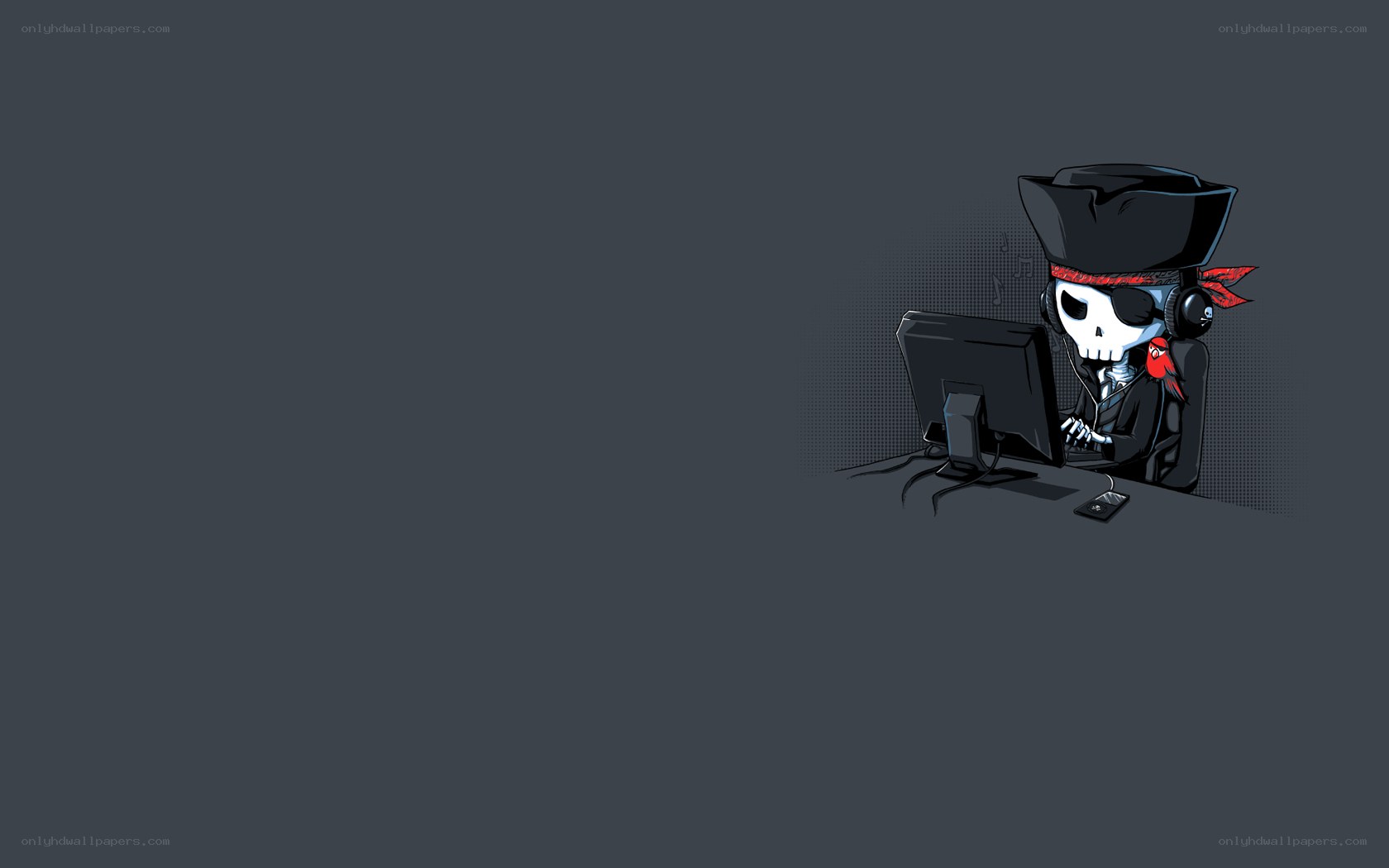 skeleton pirate at computer